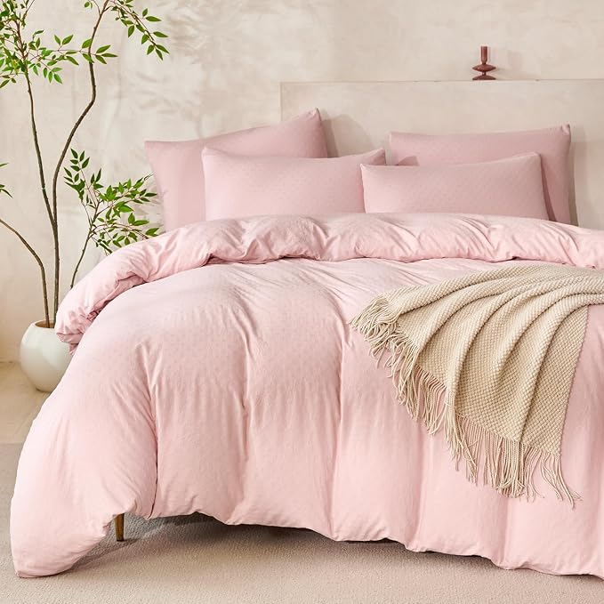 Pink Comforter Set Queen Polka Dot Soft Luxury Washed Microfiber Jacquard 3 Pieces Bedding Set, Pink Polka Dot Pattern Comforter with 2 Pillowcases Breathable Durable Comfy