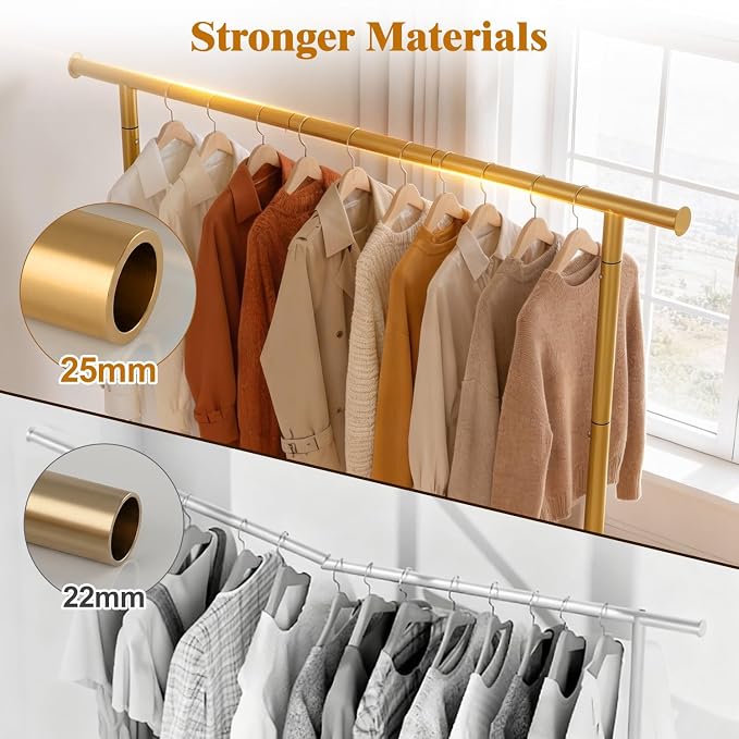 Sturdy Clothing Racks with Shelf, Metal Clothes Rack with Leveling Feet for Hanging Clothes, Freestanding Garment Coat Rack for Bedroom, Apartment & Small Spaces, Gold