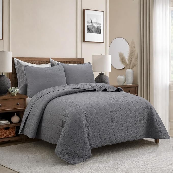 Cozy Line Home Fashions 100% Cotton Quilt Set – 3-Piece Charcoal Gray Solid Classic Modern Geometric Quilted Bedspread with Shams, Lightweight All Season Modern Bedding (Hexagon Gray, Queen)