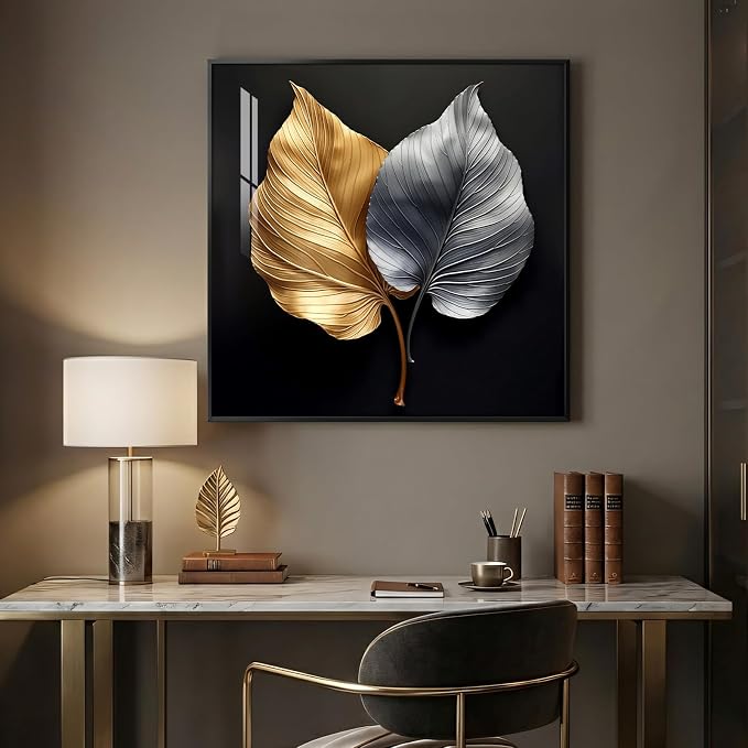 Framed Modern Gold and Silver Elegant Luxury Wall Art Decor, 24x24 In | Leaf, Canvas prints, Contemporary paintings, Minimalist pictures, Black, Living room, Dining room, Lounge wall decor
