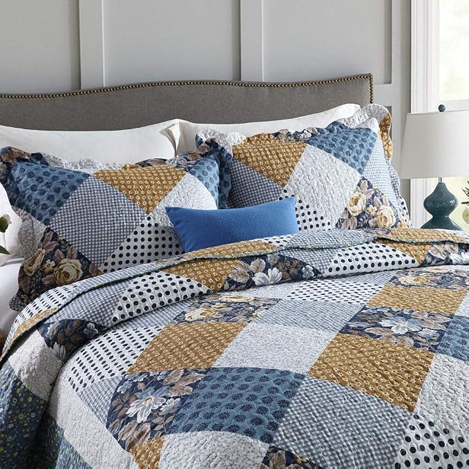 Quilt Bedspread Sets-Checkered Floral Reversible Coverlet Set,Queen Size