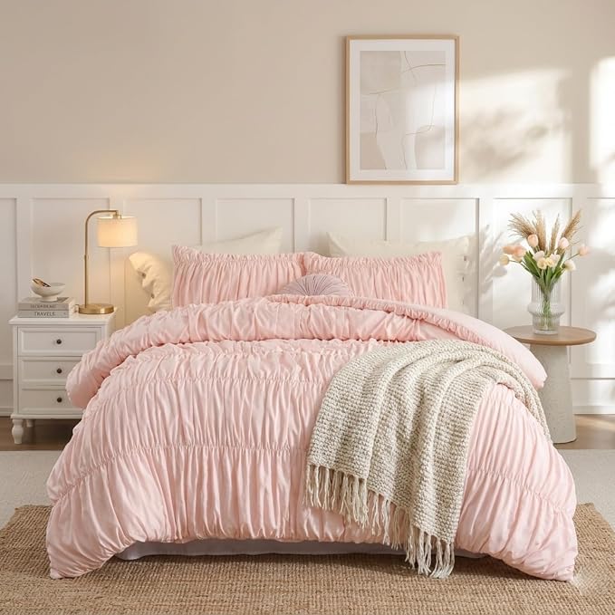 weigelia Blush Pink Ruched Comforter Set Full Size, Cute Girls Bedding Set | All Season, Soft Microfiber Comforter, Cozy Cinched Design for Home & Bedroom Decor (1 Comforter,2 Pillowcases)