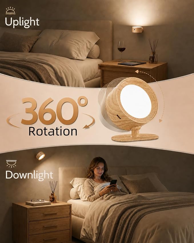 Rechargeable Wall Sconces with Remote, Magnetic Wall Lights, Wood 2 Pack | 3 Color Temperatures, Remote and Touch Control, 360° Rotating and Dimmable for Living Room & Bedroom