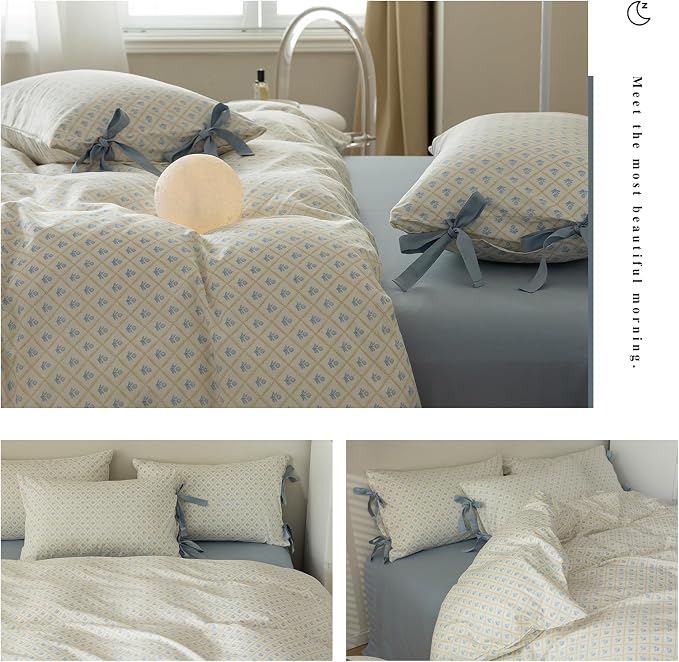 mixinni Blue Floral Duvet Cover Set King - 3 Piece Cottagecore Bedding Set with Bow Ties & Zipper Closure, 100% Cotton Soft Aesthetic Comforter Cover for Girls, Lightweight Breathable Country Style