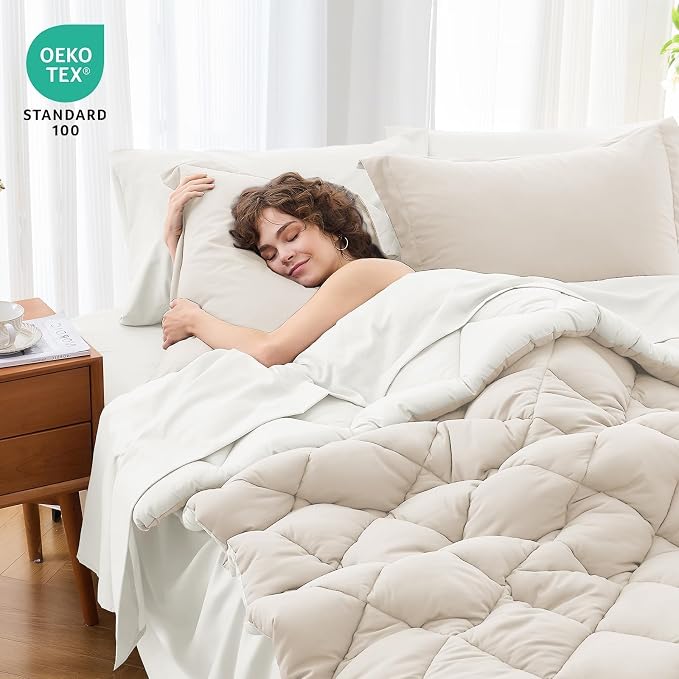 7 Pieces King Comforter Set, Reversible Bed in a Bag King Size, All Season Bedding Set with Comforter, Flat Sheet, Fitted Sheet, Pillowcases & Shams, Beige & White