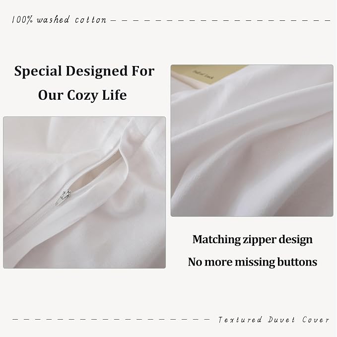 BDEAR 3Pcs Bright White Duvet Cover Set Queen Size 90" L x 90" W,Oeko TEX | 100% Washed Cotton, 1 Duvet Cover with 2 Pillowcases, Zipper Closure, 8 Corner Ties,Linen-Liked Texture, Skin Friendly