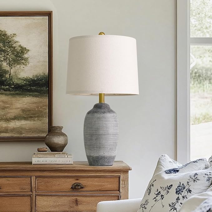 USumkky 24.5" Vintage Ceramic Table Lamp with 5FT Cord,Single Farmhouse Rustic Bedside Lamp with Natural Textured Finish, Nightstand Lamps for Living Room, Bedroom End Table Office Rustic Black & Gray