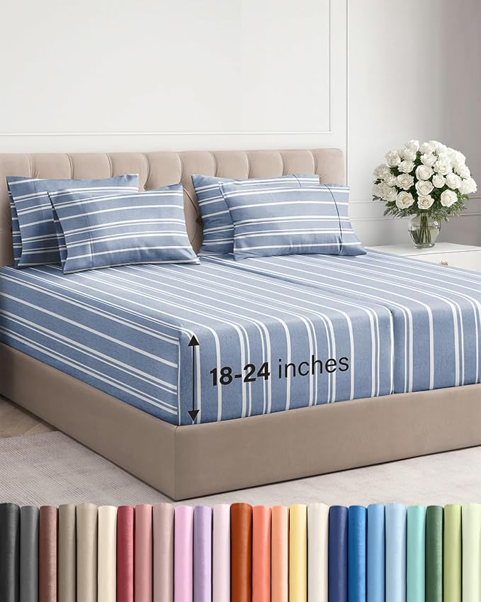 Extra Deep Split King Sheet Set - 7 Piece Cooling Bed Sheets - Blue Stripes | Hotel Luxury Bed Sheets Set, Easy & Secure Fit, Ultra-Soft, Wrinkle & Fade Free, Comfy Sheets Set with Extra Deep Pockets