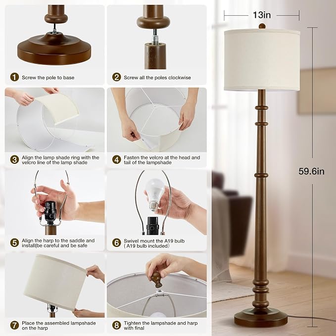 Floor Lamps for Living Room - 60" Farmhouse Floor Lamp with Adjustable Color Temperatures - Vintage Standing Lamp Reading Light with Linen Shade Rustic Tall Lamp for Bedroom Office, Wood , Walnut