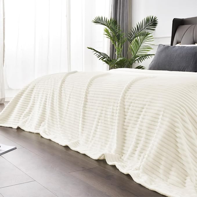 BEDELITE 3D Ribbed Jacquard Cream Full Size Blankes for Bed, 84x90 Inch | Soft Warm Decorative Fluffy Blanket, Cozy Fuzzy Lightweight Plush Fleece Throw Blankets for Bed, Room Decor, Gift for Women