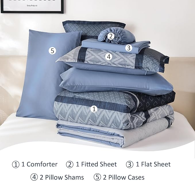 Cottolester Queen Comforter Set,Mineral Blue Boho Striped Bed in a Bag, | 7 Pieces Bed Set,Soft Microfiber Complete Bedding Sets