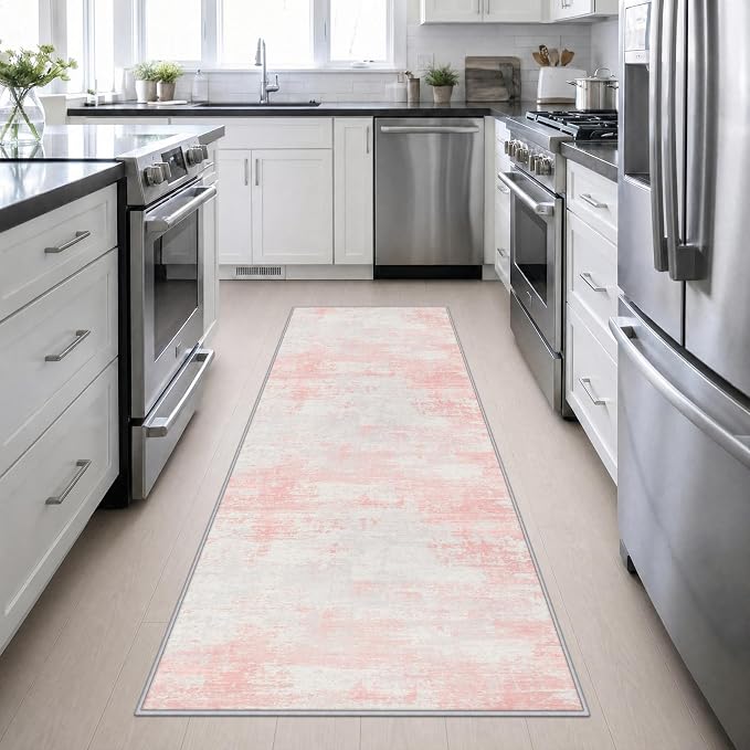 3x10 Washable Runner Rug：Modern Abstract Soft Carpet Pink White | For Hallway, Bedroom, Kitchen, Laundry, Bathroom,Door Mat,Modern Abstract,Machine washable,Non-Slip,Stain Resistant,Indoor