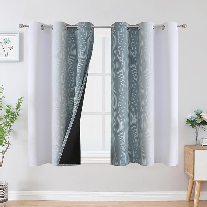 Stone Blue and Greyish White Blackout Curtains for Bedroom 54 Inch Long | Estelar Textiler Room Darkening Ombre Curtains for Bathroom,Light Blocking,Thermal Insulated Grommet Drapes,42Wx54L,2 Panels
