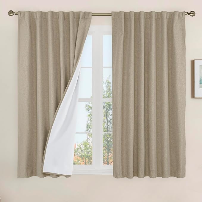 Linen 100% Blackout Window Curtains for Bedroom 45 Inch 2 Panels | Linen Textured, Thermal Farmhouse Curtains, Rod Pocket Back Tab, Window Panels, with White Liner, 52 x 45 Inch, Taupe