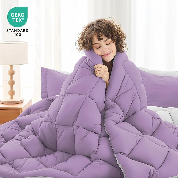 7 Pieces Full Comforter Set, Reversible Bed in a Bag Full Size, All Season Bedding Set with Comforter, Flat Sheet, Fitted Sheet, Pillowcases & Shams, Greyish Purple & Light Grey