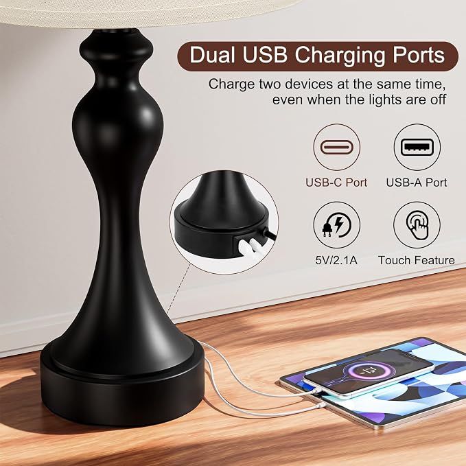 Touch Lamps for Nightstand, 3 Way Dimmable Bedside Lamps with USB C+A Ports | Touch Control, LED Bulb Included, Small Black Table Lamp for Bedroom, Night Stands, End Table, Gift，Corded