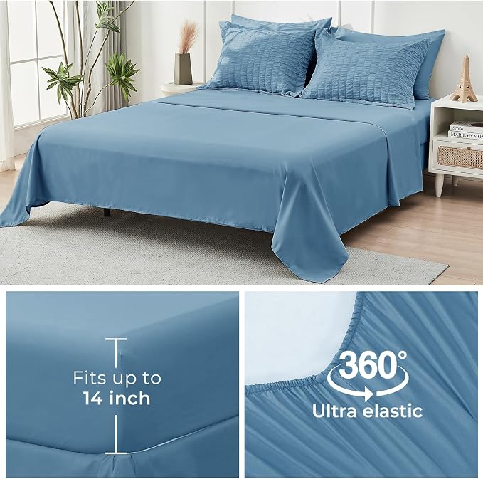 HYMOKEGE Mineral Blue Oversized Queen Comforter Set Seersucker 7 Pieces, All Season Luxury Bed in a Bag for Bedroom, Bedding Set with Comforter, Sheets, Pillowcases & Shams