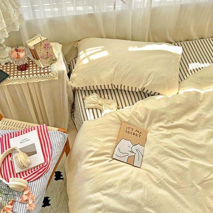 Nayoroom Striped Duvet Cover Queen Size Brown Stripe Reversible Yellow Duvet Cover Aesthetic Dorm Bedding Set 3 Pieces Soft Microfiber Farmhouse Bedding Set Gifts for Women Men