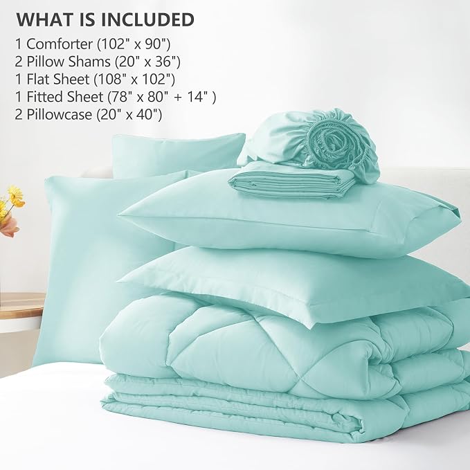 King Size Comforter Set Spa Blue - 7 Pieces Complete Bedding Set | OEKO-TEX Certified, All Season, 240GSM Down-Alternative Comforter, Sheets, Pillowcases & Shams, 14" Deep Pocket, Easy Care