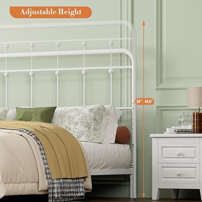 Victorian Metal California King Headboard Only, White | 34"-44.6" Adjustable Height, Cal King Head Board with Bed Frame Brackets Adapter, Easy Assembly, Farmhouse Vintage Style