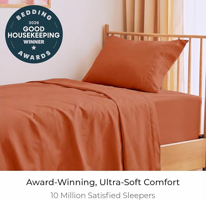 Mellanni Iconic 3-Piece, Ultra Soft Sheet Set (Twin XL, Terracotta) | 10M+ Sleepers. Lab-tested: Sleeps Cool, Stays Bright, Strong, Smooth. Good Housekeeping Best Bedding, 7 yrs running.