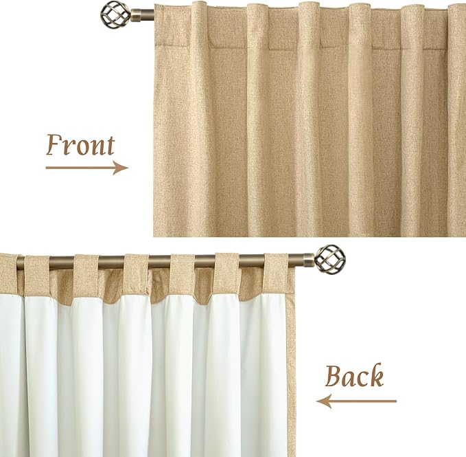 100% Blackout Linen Curtains 63 Inches Long 2 Panels, 60 x 63 Inch | Thermal Insulated, Living Room, Burlap, Bedroom Curtains, Full Room Darkening Panels, Rod Pocket Back Tab, with White Liner