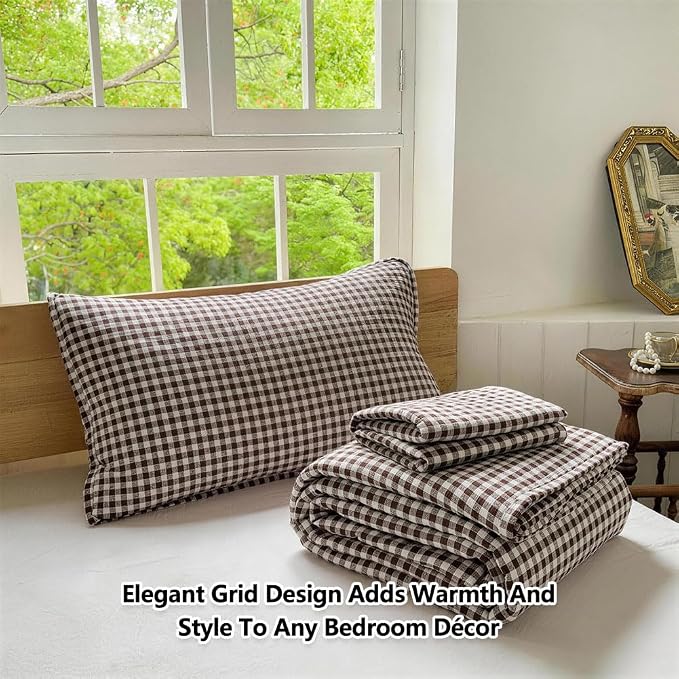 NSNLGSGC Mocha Gingham Queen Summer Bedspread Quilt Set | Pre-washed Microfiber,Lightweight Checked Grid Bedding Coverlets for All Seasons