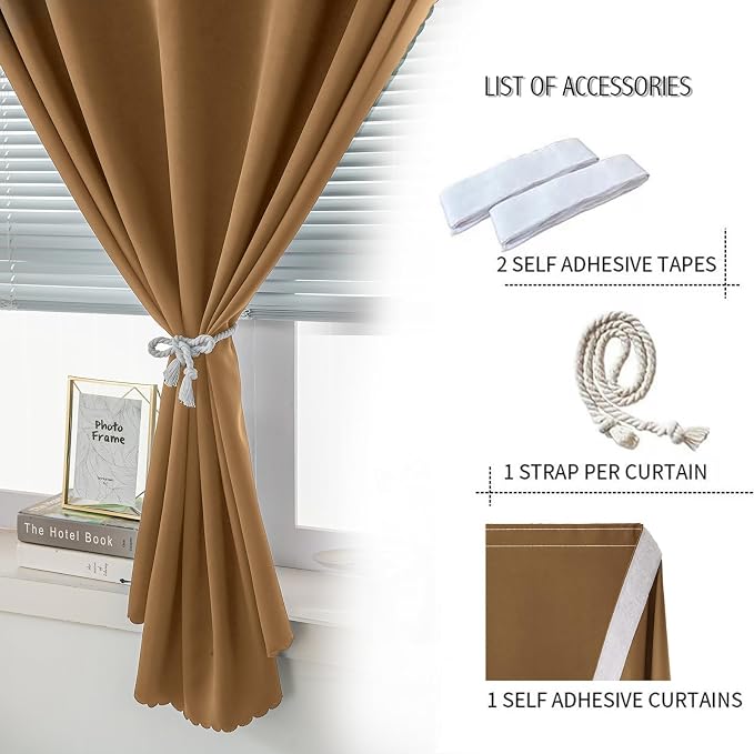 Portable Light Blocking Curtains Self-Stick Design, Removable Adhesive Window Shades for Apartment Office, 71" W x 84" L, Brown, 1 Panel