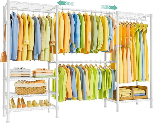 SEMHOR E06 Expandable Heavy Duty Clothes Rack for Reach-in Closet | Freestanding Clothing Racks with Shelves, Carbon Steel Closet Organizer System Adjustable 70.8-93.9", Max Load 800LBS, White