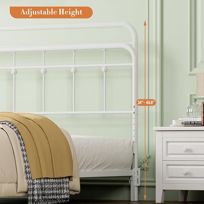 Victorian Metal Queen Size Headboard, Adjustable Height, White | Sturdy Steel Queen Head Board Only for Bedroom, Bed Frame Brackets Adapter, Farmhouse Vintage Style, Easy Assembly