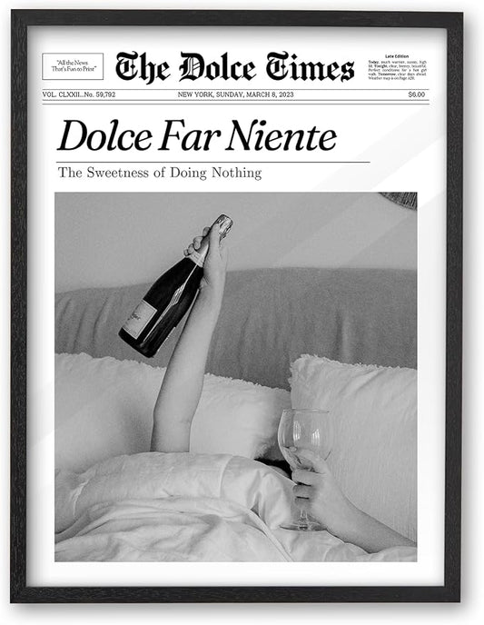 iHery Small 8x10in Dolce Far Niente Framed Newspaper Wall Art | Premium Black Natural OAK Wood Frame with Canvas Print, The Sweetness of Doing Nothing Decor for Bedroom, Living Room 1Pack