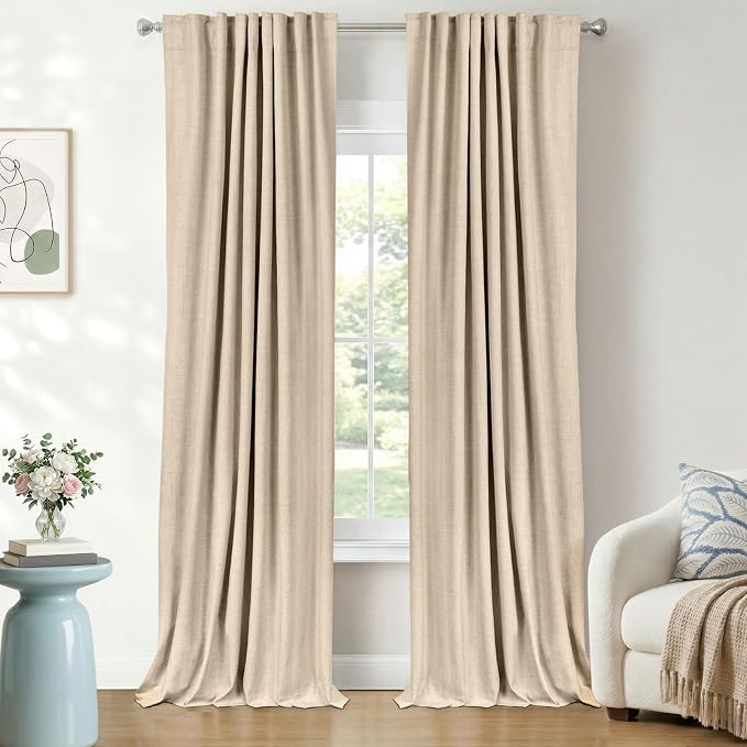 Faux Linen Total Blackout Curtains for Bedroom 102 Inch Long Natural Flax | 100% Blackout Shield, Back Tab/Rod Pocket Living Room Drapes, Thermal Insulated Blackout Curtains 2 Panels Set, 50"W x 102"L
