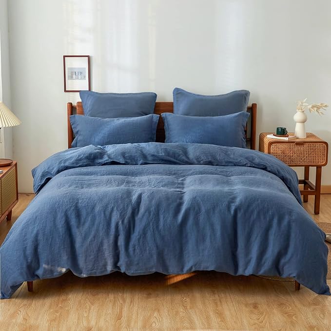 Simple&Opulence 100% Linen Duvet Cover Set 2pcs Basic Style Natural French Washed Flax Solid Color Soft Breathable Farmhouse Bedding with Button Closure - Classic Blue, Twin