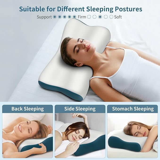 Cervical Neck Pillow for Pain Relief, Contour Memory Foam Pillows Ergonomic Pillow Orthopedic Cooling Pillow Bed Pillow Neck Support for Side Back Stomach Sleepers(Grey&Blue)