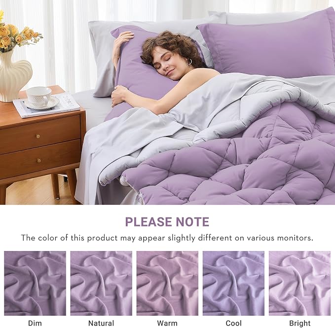 7 Pieces King Comforter Set, Reversible Bed in a Bag King Size, All Season Bedding Set with Comforter, Flat Sheet, Fitted Sheet, Pillowcases & Shams, Greyish Purple & Light Grey