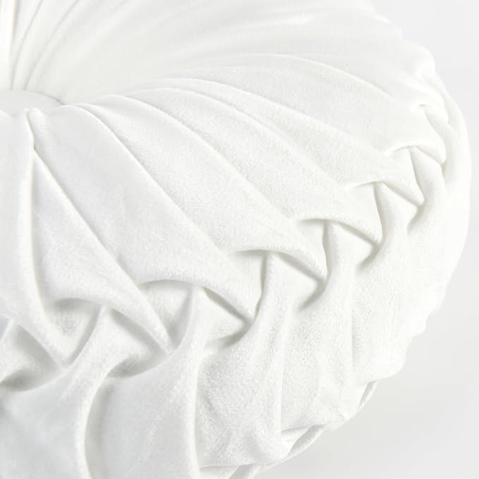 HIG Set of 2 Off White Velvet Decorative Round Pleated Throw Pillows | Vintage Floor Pillows, Classy Accent Pumpkin with Center Button, for Sofa Couch Vanity Chair Bed, 14.5" Diameter