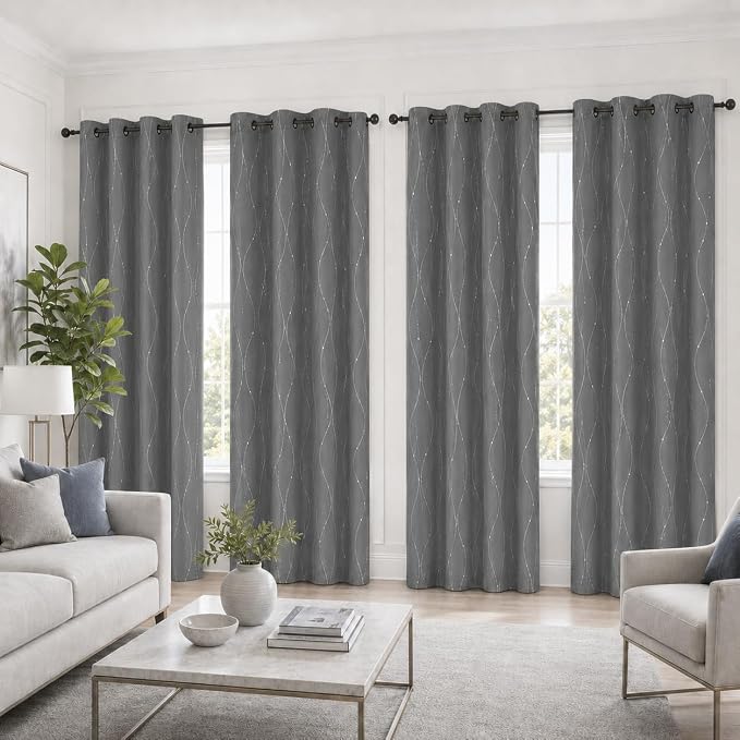 Deconovo 4 Panels Blackout Curtains, Grey Curtain, Thermal Insulated Soundproof Curtain Drapes, Wave Dot Foil Print, 52 x 84 Inch, Machine‑Washable Privacy Window Drape for Bedroom Living Room Office