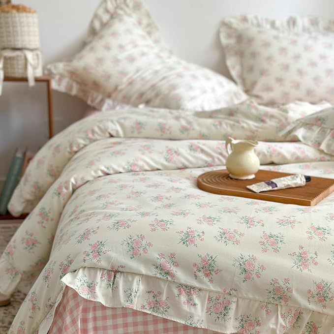 mixinni Pink Floral Duvet Cover Set King Size - 100% Cotton Ruffle Lace Bedding Set for Girls, Romantic Cottagecore Style Duvet Cover with Zipper Closure, Soft Aesthetic Princess Bedding-King
