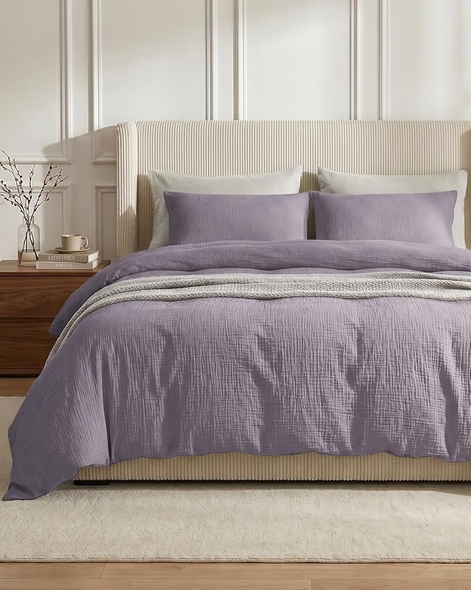 SE SOFTEXLY Muslin Duvet Cover King Size, 100% Washed Cotton Duvet Cover Set, Ultra Soft Comforter Cover Linen Like, 3 Pieces Minimalist Gauze Duvet Cover with 2 Pillowcases, 90"x104", Purple Grey