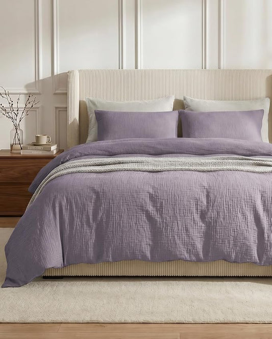 SE SOFTEXLY Muslin Duvet Cover King Size, 100% Washed Cotton Duvet Cover Set, Ultra Soft Comforter Cover Linen Like, 3 Pieces Minimalist Gauze Duvet Cover with 2 Pillowcases, 90"x104", Purple Grey