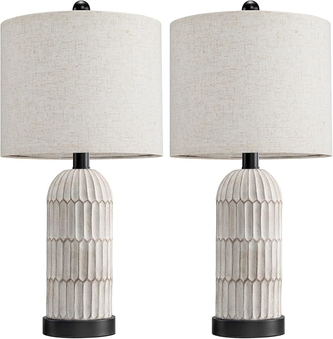 OYEARS 22.5" Bedside Table Lamps Set of 2, Farmhouse Table Lamp with USB A+C Charging Ports,Vintage Nightstand Lamp for Bedrooms and Living Rooms, Retro Resin End Table Lamp with Linen Shade, Black