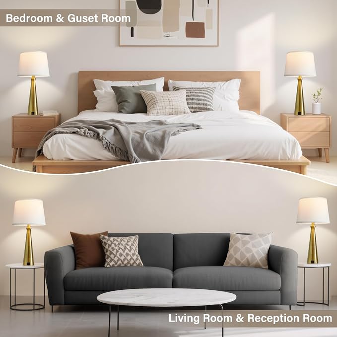 Modern Touch Lamps for Nightstand, 3 Way Dimmable Bedroom Lamp Set of 2 | USB C+A Charging Ports, Gold Bedside Lamps for Bedroom, Living Room, End Table, Bed Side, LED Bulb Included