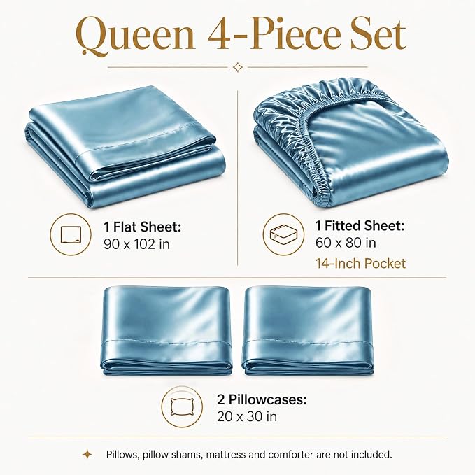 CozyLux Satin Sheets Queen, 4-Piece 14-Inch Deep Pocket Sheet Set | OEKO-TEX Certified Silky Soft Sheet Set for Hair & Skin, Luxurious Silky-Smooth Satin for Elegant Bedroom Decor, Sky Blue