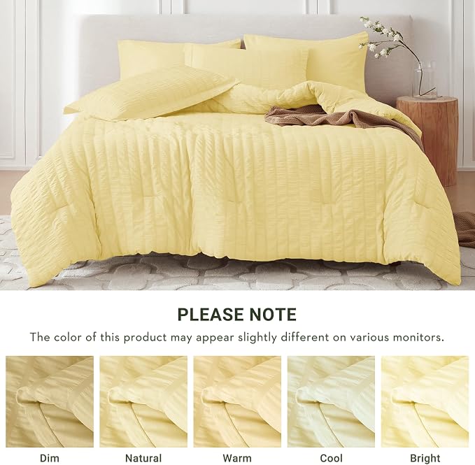 7 Pieces Oversized Queen Comforter Set, Seersucker Bed in a Bag Oversized Queen Size, All Season Luxury Bedding Set with Comforter, Flat Sheet, Fitted Sheet, Pillowcases & Shams, Yellow