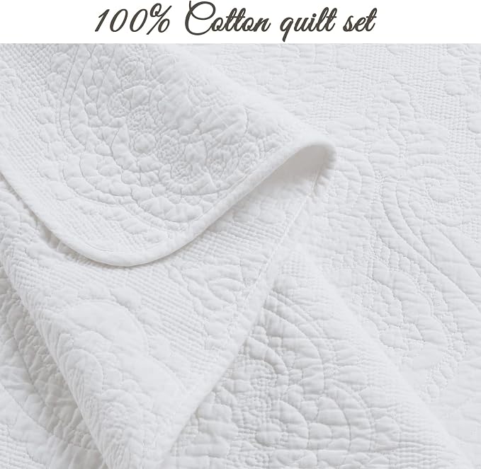 Cozy Line Home Fashions 100% Cotton Matelasse Medallion Solid White Luxury Chic Bedding Quilt Set, Reversible Lightweight Bedspread Coverlet for All Season (Medallion - White, Queen - 3 piece)