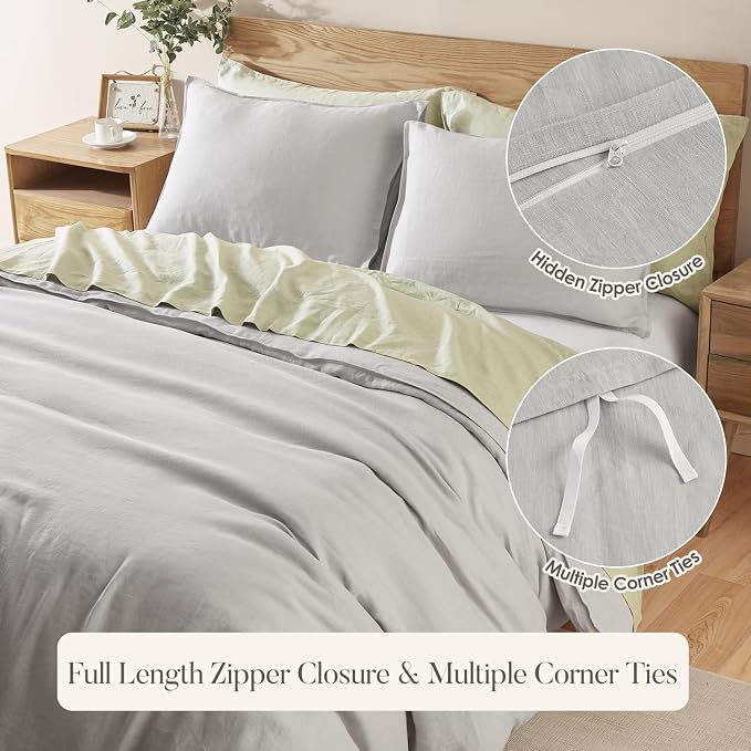 DAPU 100% French Linen Duvet Cover 3Pcs Set, 170GSM Linen Bedding, King | Soft Breathable All-Season for Hot sleepers, Corner Ties & Zipper Closure, French Linen Flax from Normandy, Fog Gray