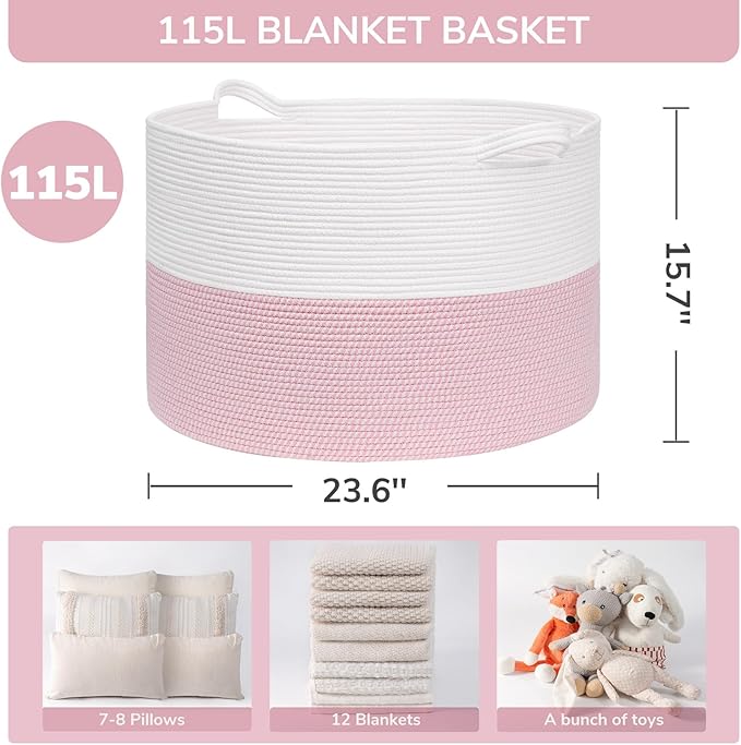 INDRESSME 115L Extra Large Pink Laundry Basket for Stuffed Animal Storage | 23.6" x 15.7" Pink room decor woven rope basket for baby luandry, kids toys pillows. For girls room & nursery, soft-touch