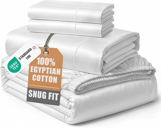 LANE LINEN 100% Egyptian Cotton Sheets Queen Size Sateen Weave - White | Queen Sheets - 4-Piece Set, For A Luxurious Night's Sleep, For A Silky Hotel-Style Bed, Long-Staple Egyptian Cotton