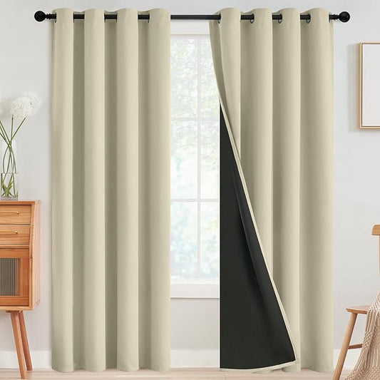 SimpleHome Light Cream 100% Blackout Curtains Room Darkening Living Room 84 | Curtains for Bedroom,Thermal Insulated Grommet Window Drapes,Curtains for Living Room with Black Back,52 x 84 Inch,2 Panels