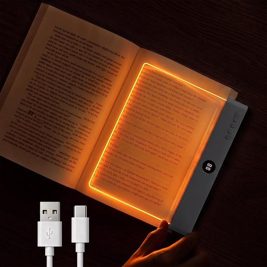Amber Book Light, Rechargeable Clear LED Flat Reading Light with 3 Colors & Timer, Dimmable Panel Plate Lamp Book Full Page Light for Reading in Bed at Night, Funny Gifts for Readers Book Lovers